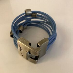 Lasso Boho Bracelet - 7 inch blue leather , bronze interlock clasp ,